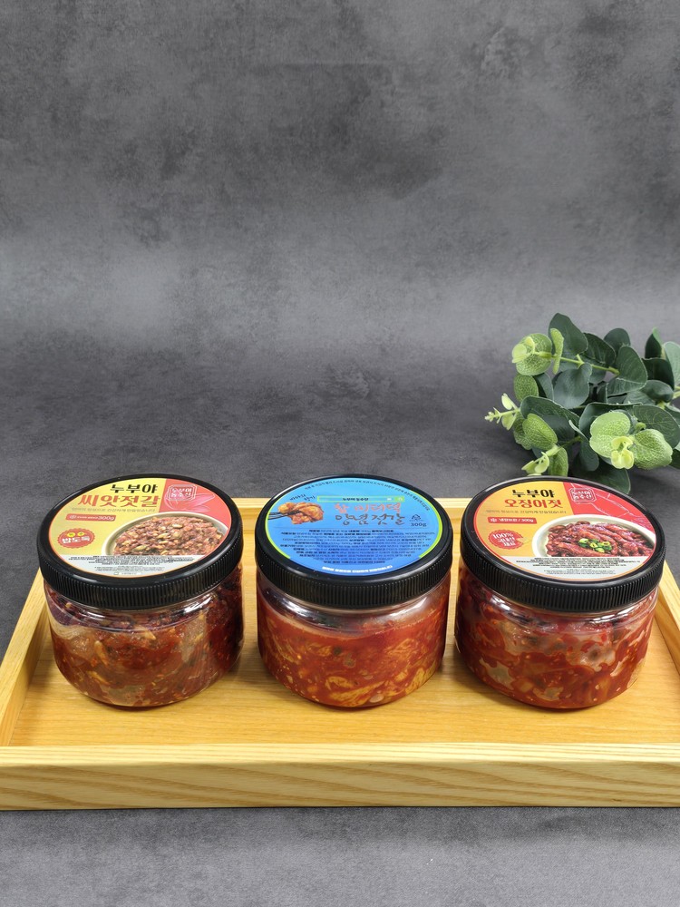 누부야 젓갈세트 1+1+1 바다향 미더덕 젓갈,국내산 오징어젓,밥도둑 씨앗젓갈 각300g